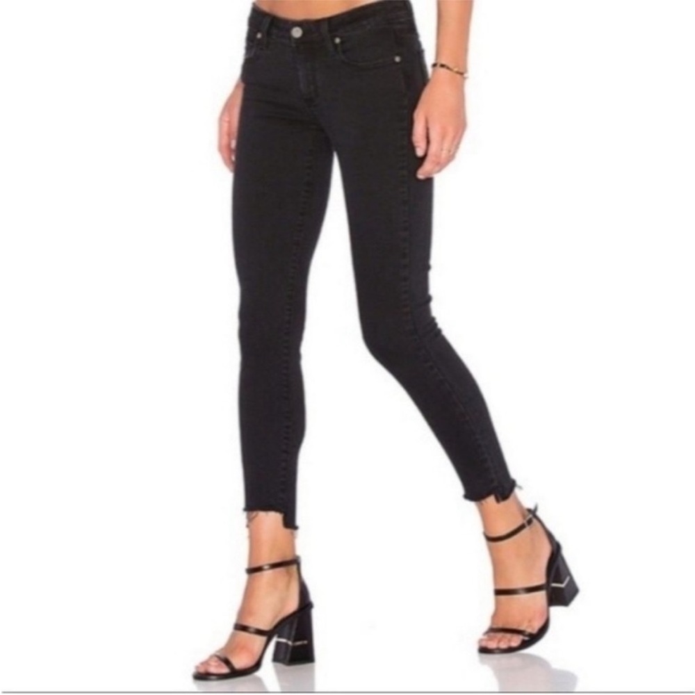 Women's PAIGE Hoxton Black Shadow raw hem distressed Skinny Jeans.